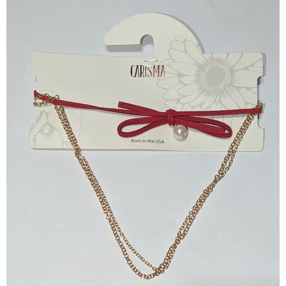 Carisma Choker Necklace Set Red Bow Pearl Bead Gold Tone Layered Chains Gift - Picture 6 of 7